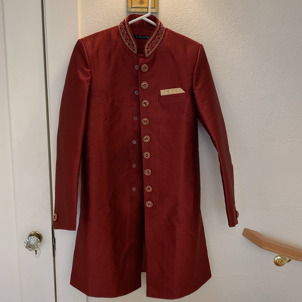 “Spring Break” Maroon Jacquard Embroidered Sherwani Set | Size XS